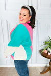 Stand Out Hot Pink & Mint V Neck Collared Terry Color Block Top