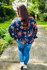 Lovely In Navy Floral Print Smocked Bubble Sleeve Woven Top