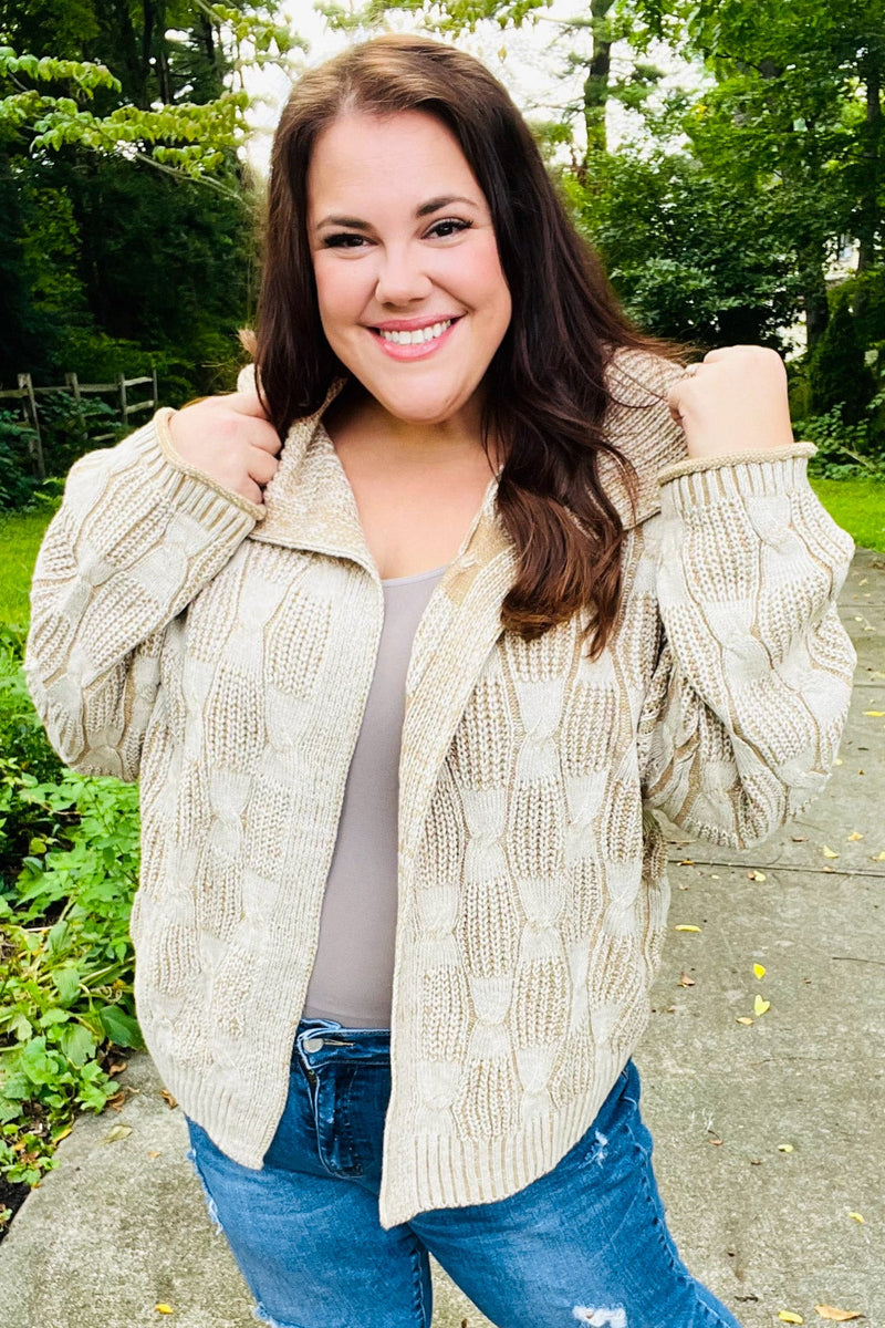 Autumn Vibes Taupe Textured Cable Knit Collared Cardigan