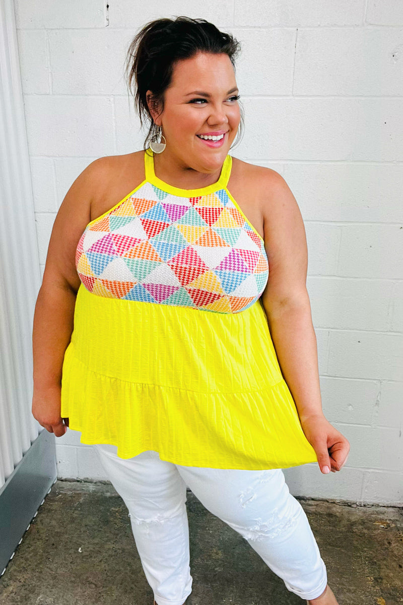 Yellow Geometric Knit Babydoll Halter Top