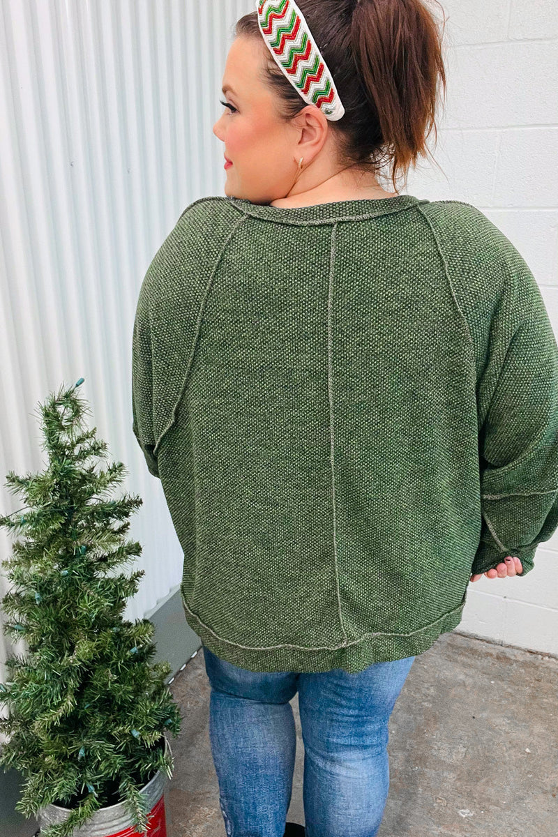 Olive Two Tone Knit Notched Raglan Top