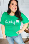 Lucky Lady Shamrock Green Sequin Puff Sleeve Knit Top