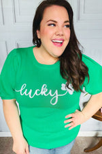 Lucky Lady Shamrock Green Sequin Puff Sleeve Knit Top