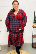 All I Want Red Plaid Elastic V Neck Tiered Maxi Dress