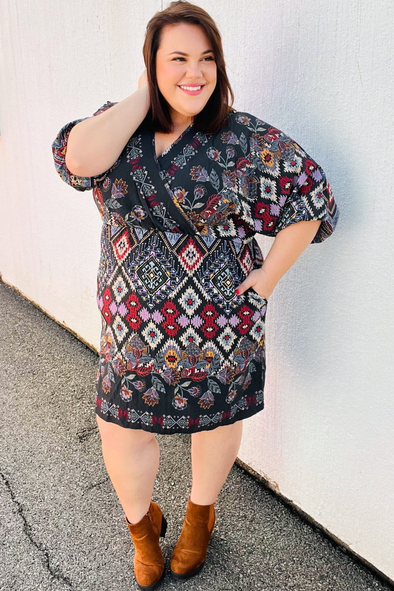 Straight To My Heart Charcoal Boho Paisley Surplice Dress