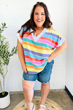 Sieze The Day Rainbow Striped V Neck Drop Shoulder Thermal Knit Top