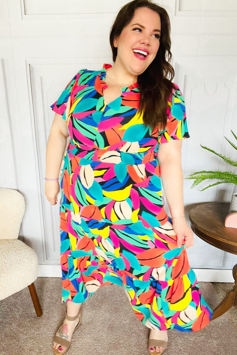 Be Bold Multicolor Abstract Tropical Print Smocked Waist Maxi Dress