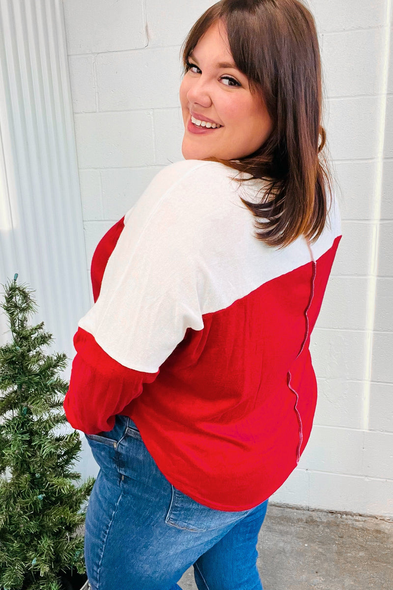 Festive Red & White Drop Shoulder Outseam Color Block Top