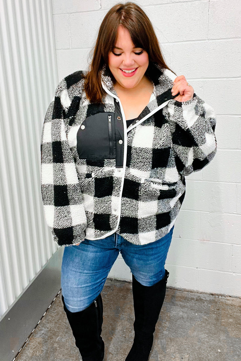 It's Your Best Black & Ivory Plaid Sherpa Button Down Jacket