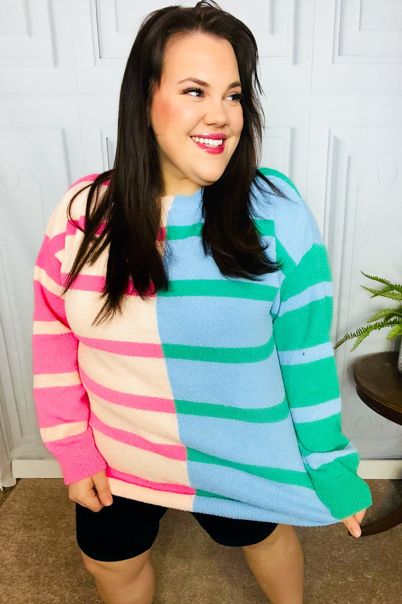 Perfectly Poised Blush & Blue Stripe Color Block Knit Sweater