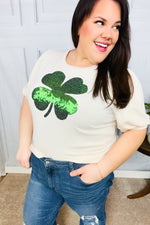 Saint Patty Sequin Clover French Terry Puff Sleeve Top