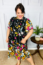 Beautifully You Black Floral Frill Mock Neck Flutter Sleeve Midi Dress