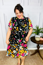 Beautifully You Black Floral Frill Mock Neck Flutter Sleeve Midi Dress