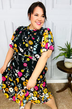 Beautifully You Black Floral Frill Mock Neck Flutter Sleeve Midi Dress