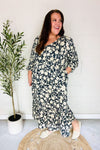 Autumn Vibes Charcoal Vintage Floral V Neck Ruffle Hem Midi Dress