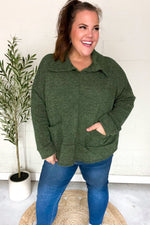 Easy Living Olive Textured Knit Notch Neck Oversized Collar Sweater