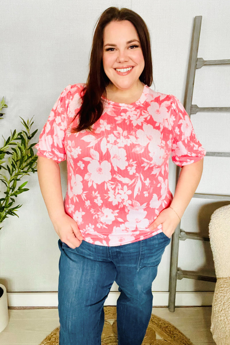 Spring Vibes Coral Wavy Rib Puff Short Sleeves Floral Top