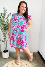 Diva Dreaming Aqua & Fuchsia Floral Print Tiered Ruffle Sleeve Dress