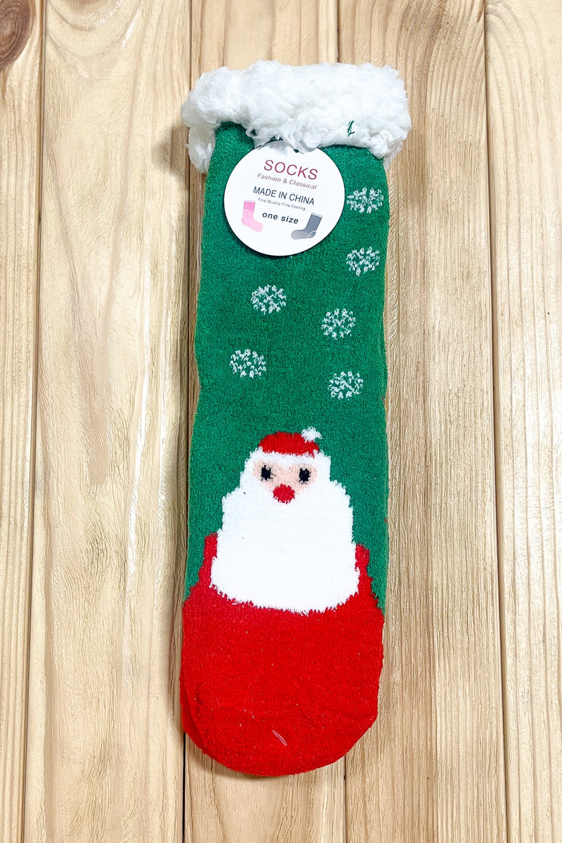 Green Santa Sherpa Traction Bottom Slipper Socks