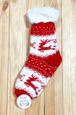 Red Holiday Reindeer Sherpa Traction Bottom Slipper Socks