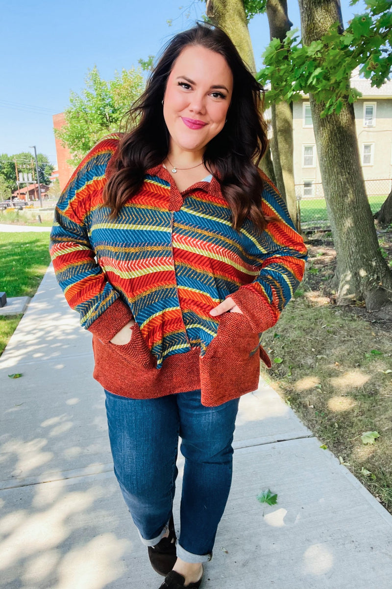 Casual Living Rust & Teal Striped Two Tone Knit Pocketed Top