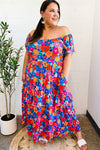 Follow Me Aqua Floral Print Square Neck Tiered Ruffle Maxi Dress