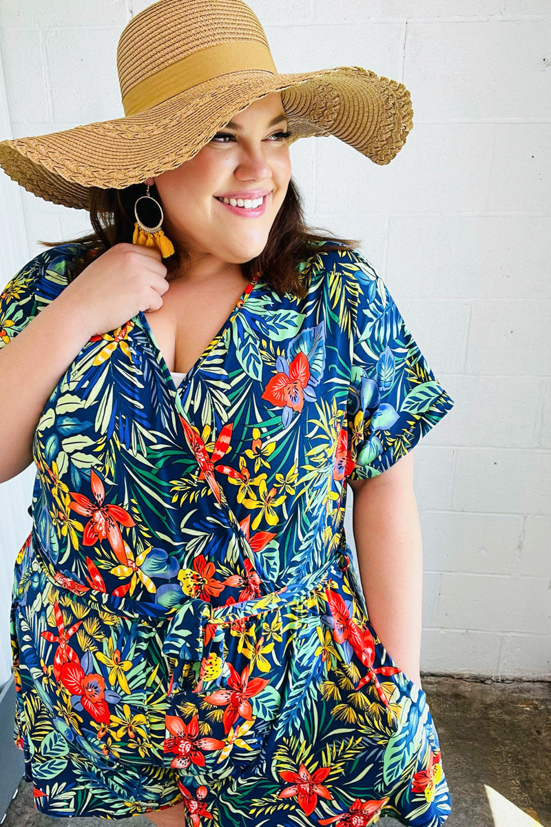 Navy Tropical Floral Surplice Romper