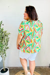 Hello Beautiful Green & Orange Geo Frill Notch Neck Puff Sleeve Top