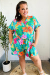 Tropical Vibes Turquoise Floral Surplice Tie Waist Romper