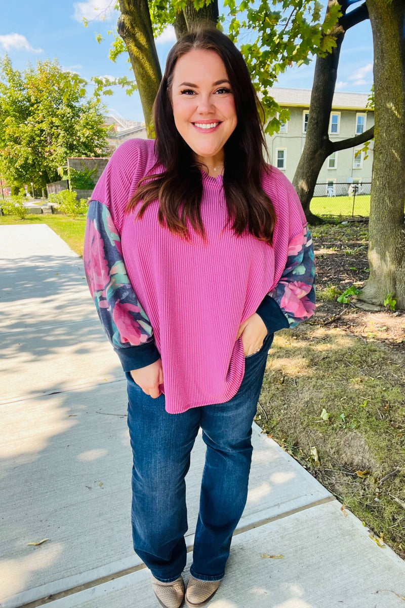 Weekend Ready Magenta & Navy Floral Mineral Wash Rib Dolman Top