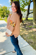 Charming Caramel Floral Print Colorblock Notch Neck Top