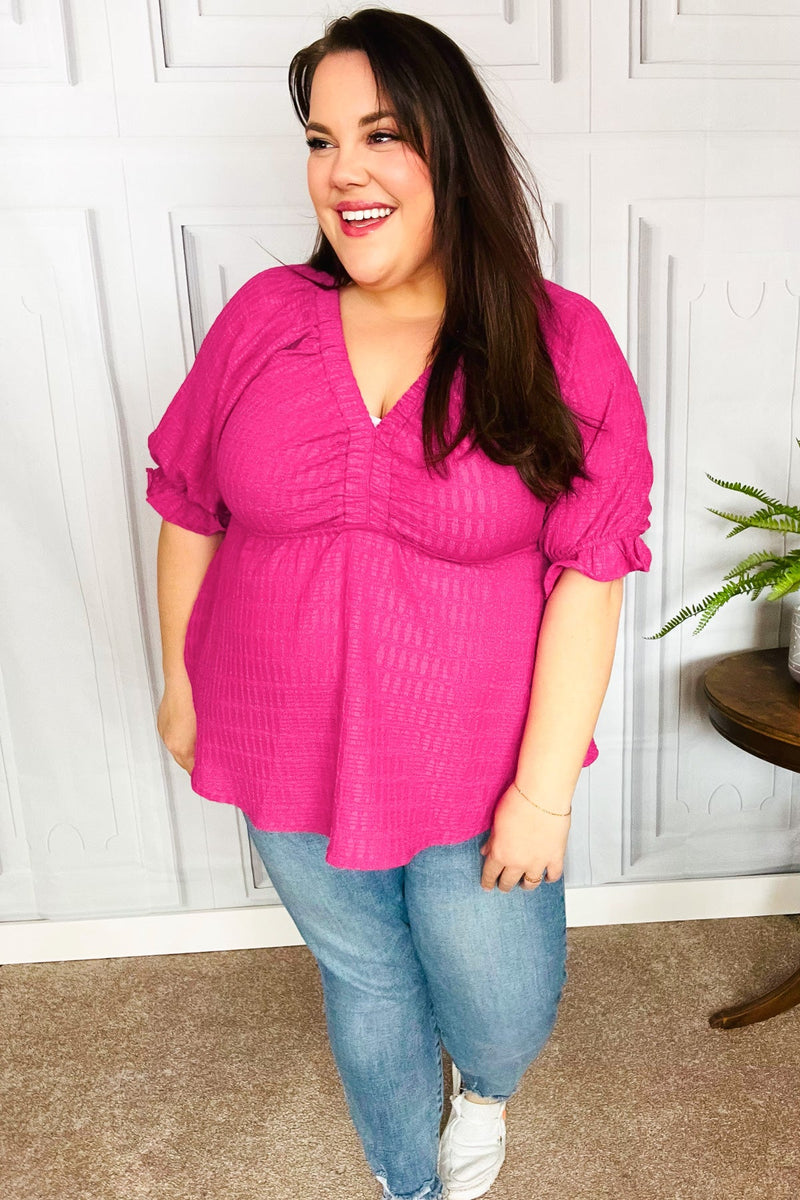 Feeling Strong Fuchsia Textured V Neck Babydoll Top