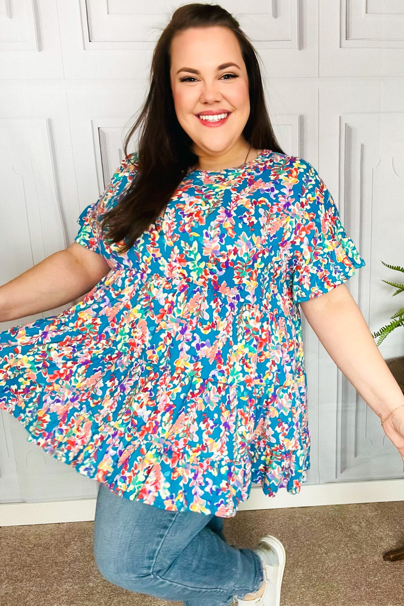 Looking Your Way Blue Floral Ruffle Hem Tiered Top