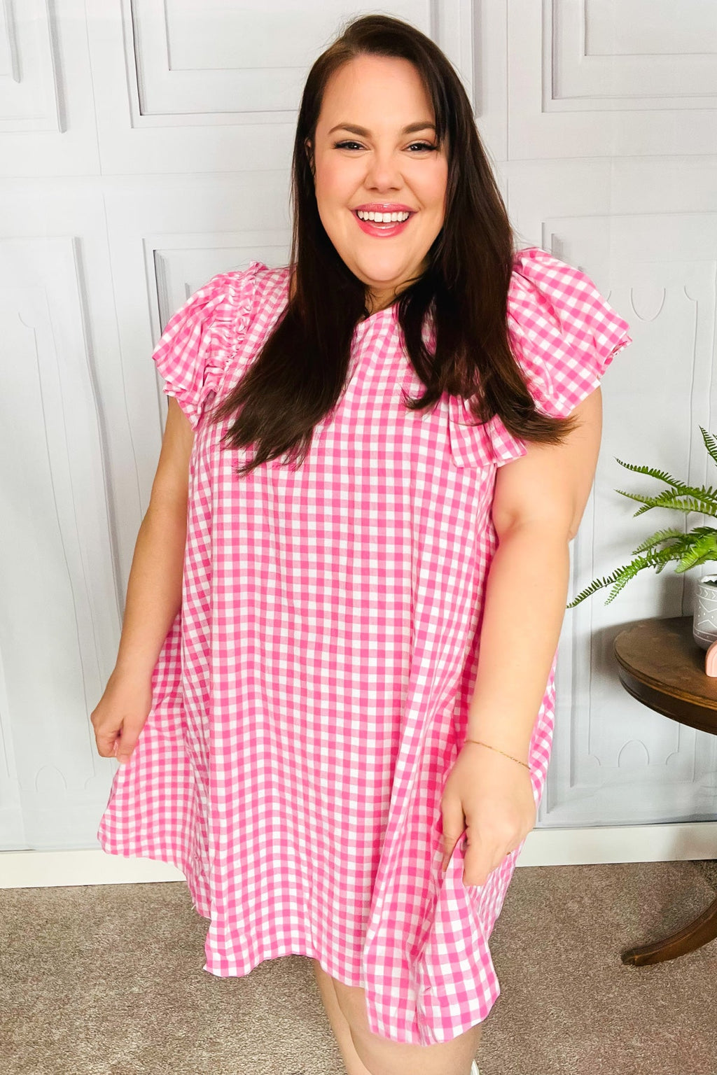 A True Beauty Pink Gingham Check Ruffle Sleeve Dress