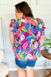 Tropical Vibes Blue & Pink Mock Neck Flutter Sleeve Top