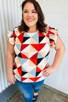 Burnt Orange Geo Print Smocked Ruffle Frill Sleeve Top