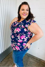 Navy & Pink Floral Print Frilled Short Sleeve Yoke Top