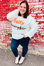 Cream Embroidered Neon "Hello Pumpkin" Chunky Sweater