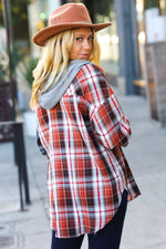 Rust & Charcoal Plaid Colorblock Hoodie Shacket