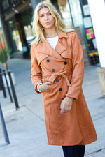 Rust Suede Double Breasted Belted Lined Trench Coat