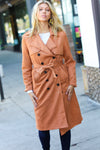 Rust Suede Double Breasted Belted Lined Trench Coat