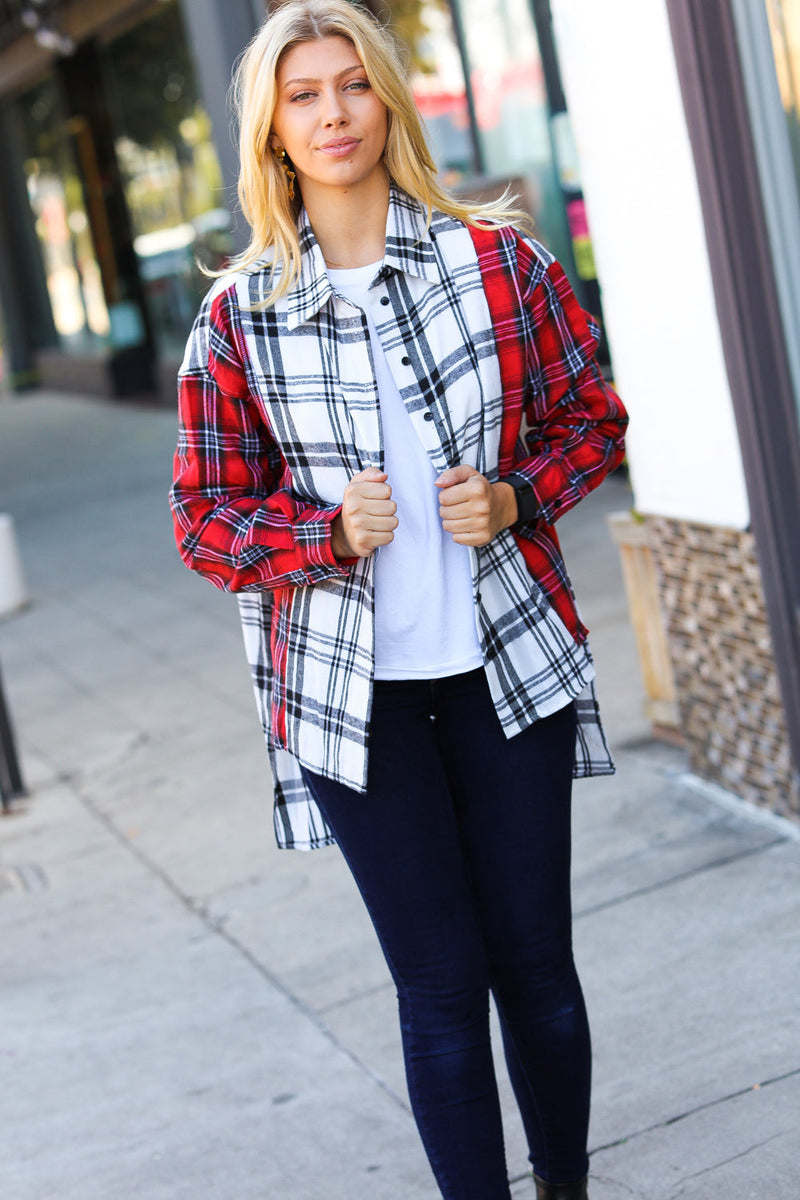 Holiday Red & White Plaid Color Block Hi Lo Shacket