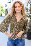 You Got This Olive Floral V Neck Bubble Sleeve Top