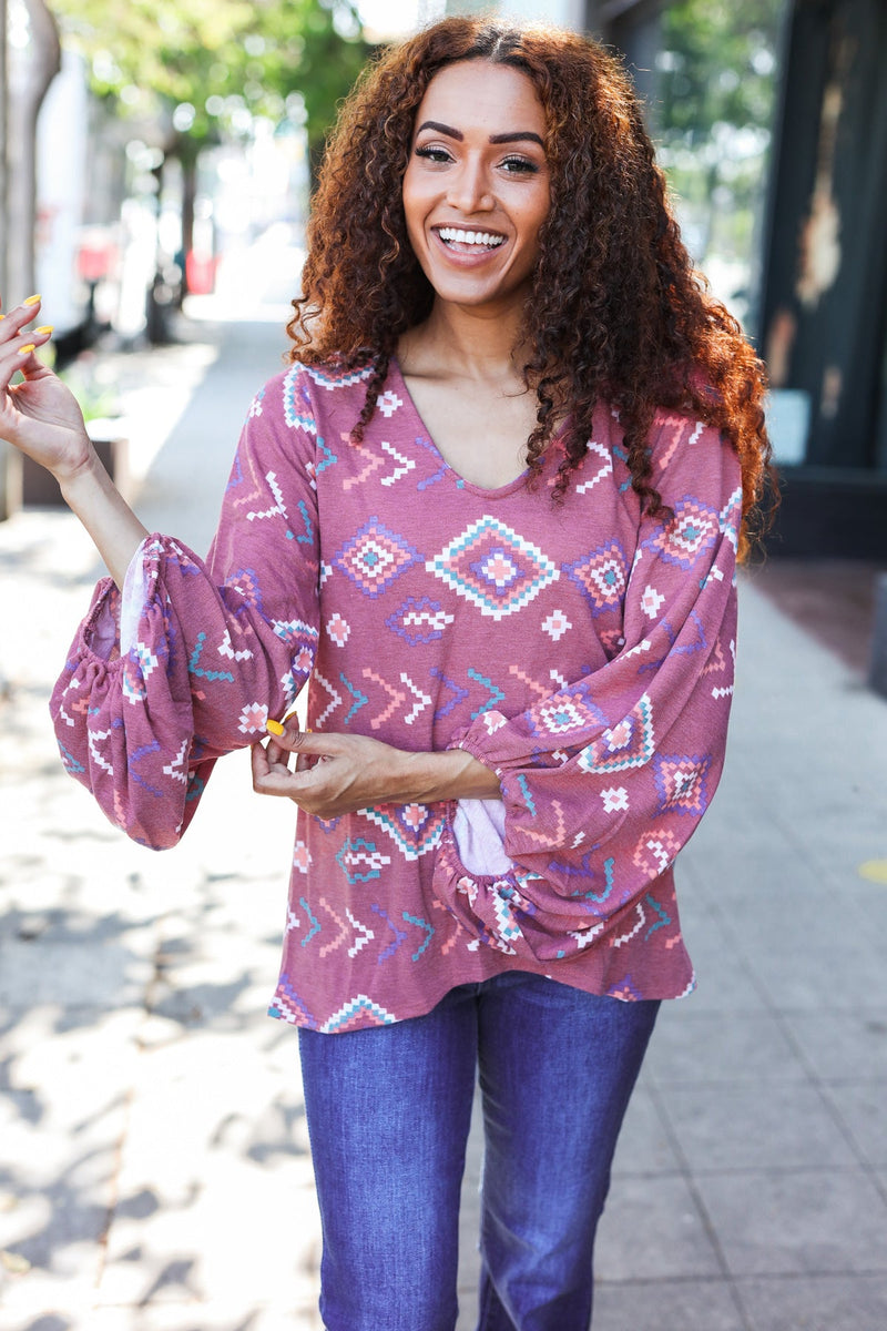 Boho Vibes Elastic Long Sleeve Aztec Print V Neck Pullover