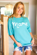 Take A Bow Mint "Mama" Embroidery Pop-Up Puff Sleeve Sweater Top