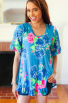 Feeling Playful Blue Floral Ruffle Sleeve & Hem Tunic Top