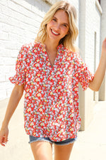 Elegant You Ruby Notched Neck Floral Smocked Sleeve Blouse