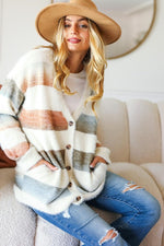 Ivory Striped Button Down Fuzzy Knit Cardigan