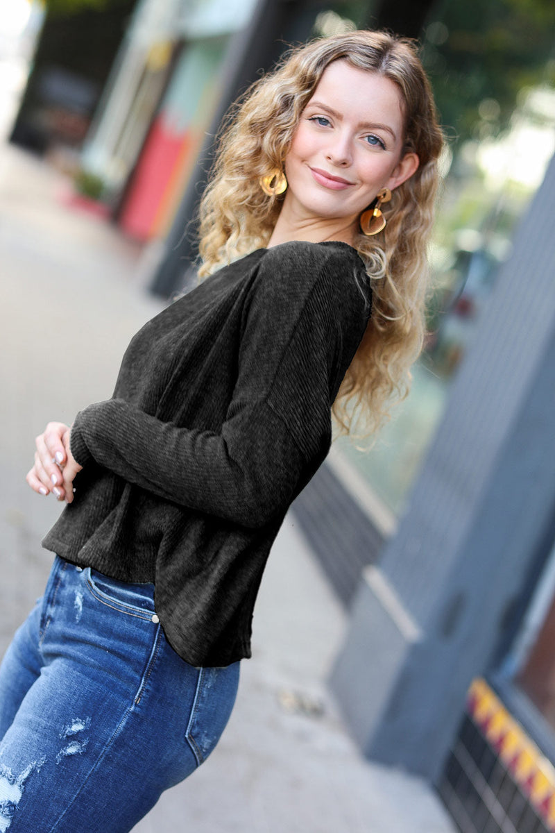 Stay Awhile Black Ribbed Dolman Cropped Sweater