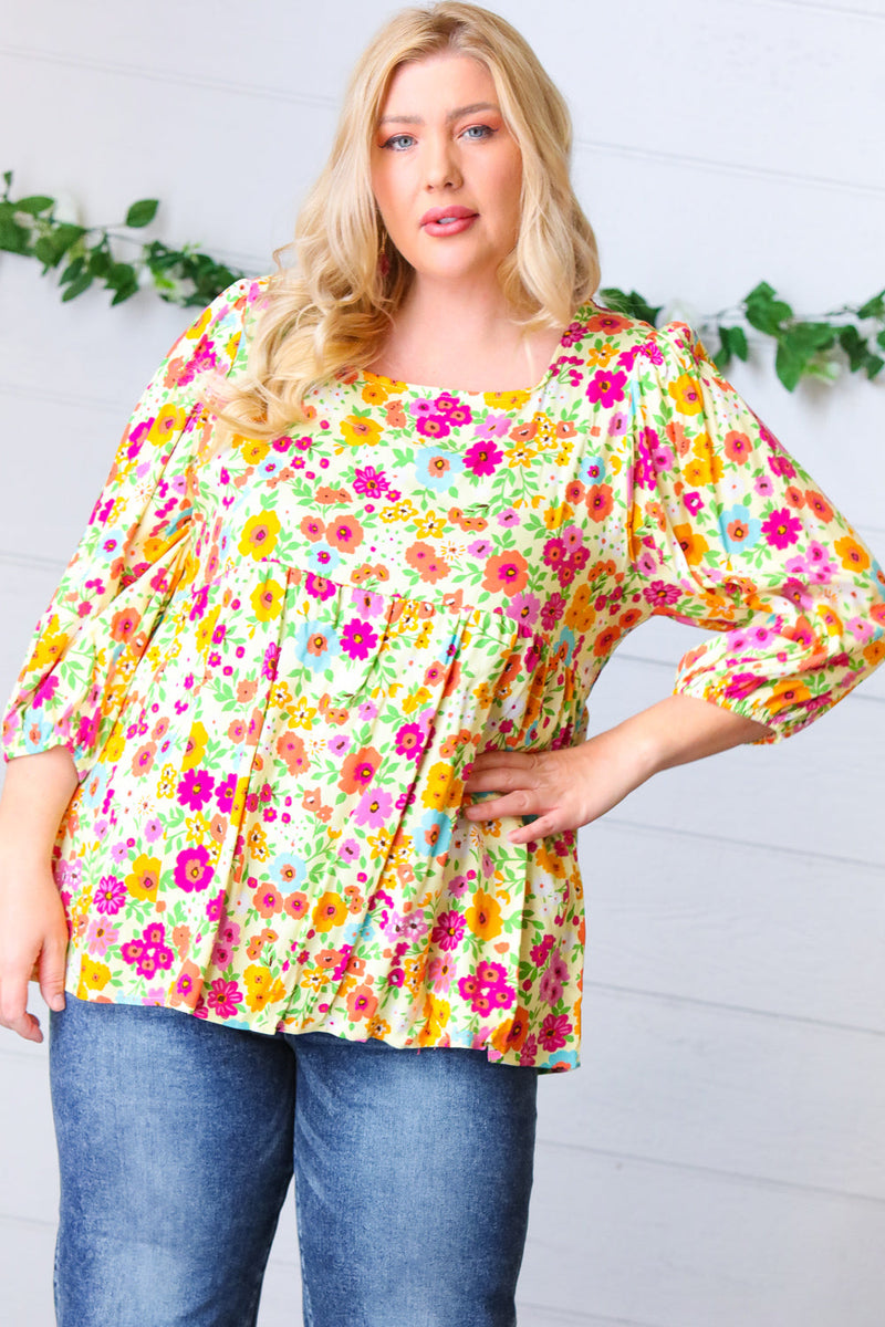 Daffodil Square Neck Peplum Floral Challis Woven Top